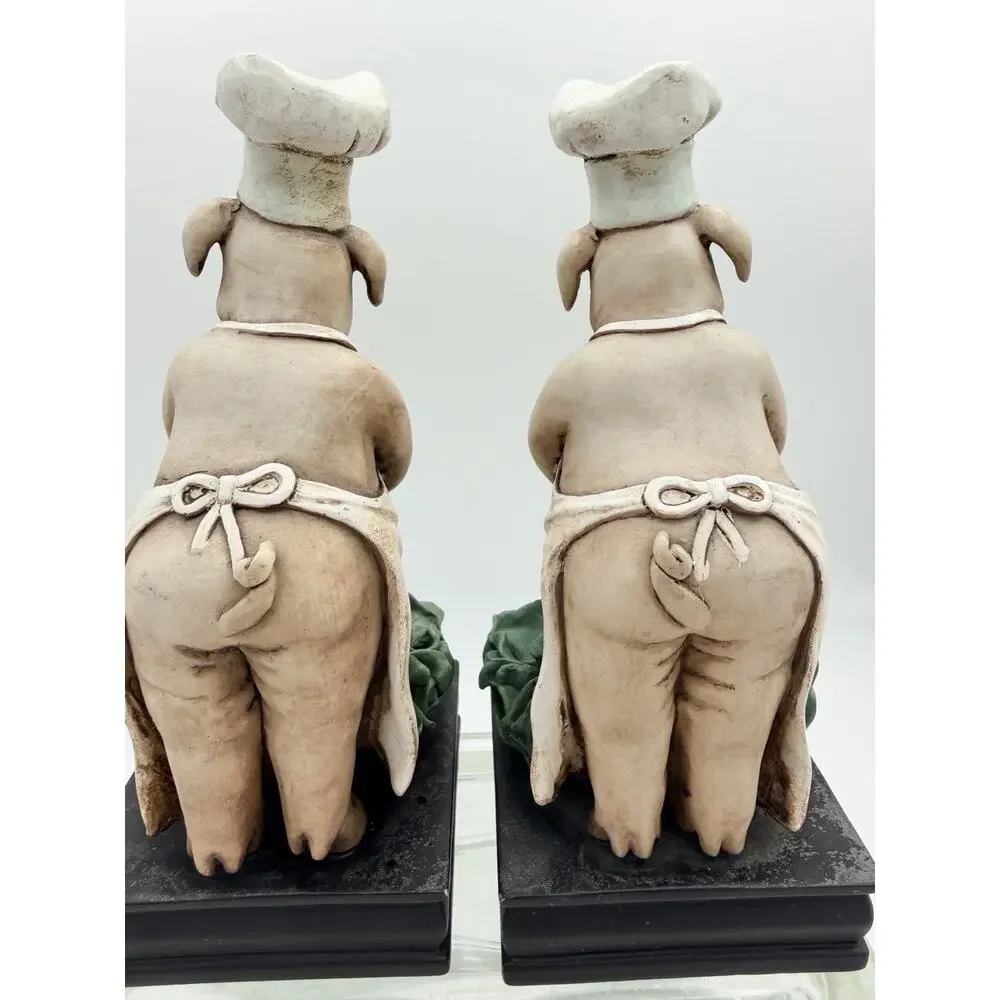 French Chef Pig Bookends Set Heavy Resin Cook Novelty Kitchen Cookbook Stand
